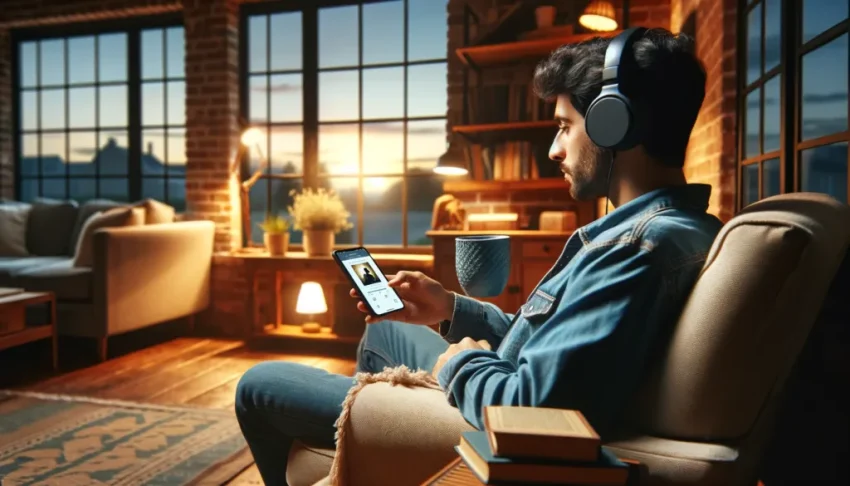 คนกำลังผ่อนคลายขณะเลือก audiobook บนสมาร์ทโฟน