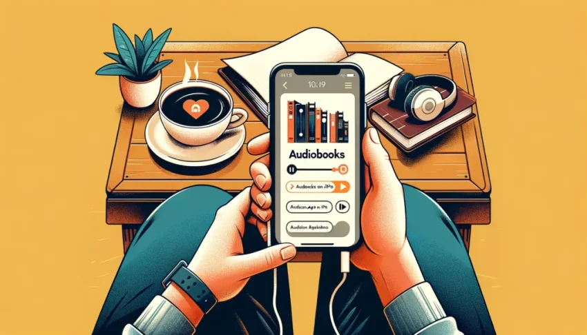 ภาพประกอบแสดงคนกำลังฟัง audiobook บนสมาร์ทโฟน